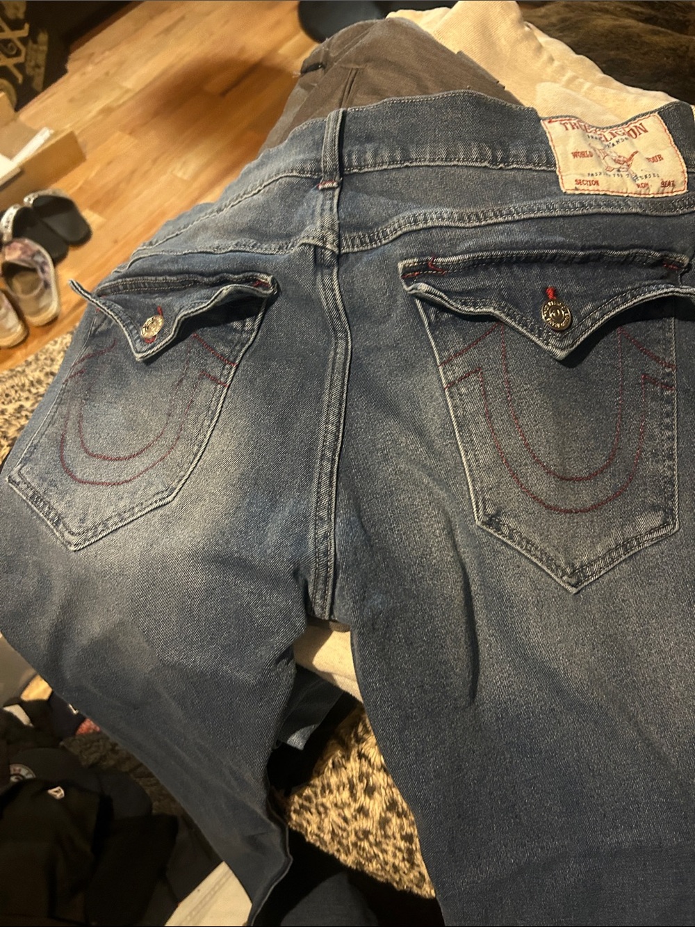 True Religion Men's Light Blue Slim Straight Jeans with Flap Back Pockets